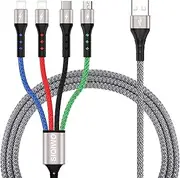 SIQIWO Multi Charging Cable 3A 1.2M, Nylon Braided 4 in 1 USB Fast Charger Cord with 2*IP/Micro USB/Type C Connector, for iPhone, Android Galaxy, LG, Huawei, Sony, Google Pixel, Xiaomi, Kindle, PS5