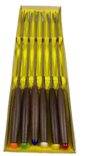 VTg. NORDIC WARE SET OF 6 STAINLESS STEEL/WOOD HANDLE FONDUE FORKS NEW IN BOX