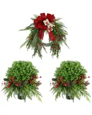 Creative Displays Farmhouse Holiday Set With Red Truck Ribbon Wreath & 2 Uv Boxwood Drop-Ins
