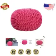 Hand-Knitted Cotton Pouf Ottoman - Dark Pink Compact Footstool for Living Rooms