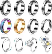 12Pcs Anxiety Fidget Rings for Women, Stainless Steel Spinner Rings Moon and Star Bead Band Ring Adjustable Open Ring Sunflower Fidget Rings for Men Teens Anti Stress Gift, Size 7-10