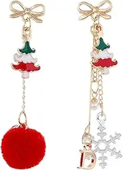Dangle Earrings,Hinged Hoop,Drop,Jewellery for Women, Snowflake Christmas Pendant Earrings, Cute Asymmetrical Earrings with Bow Hair Balls for Families Friends (Color : C, Size : One Size)