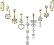 [Kotkiddy] 9-Piece Gold Belly Button Rings Hanging Stainless Steel Belly Rings 14G Navel Piercing Jewellery for Women