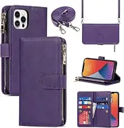 Cavor for iPhone 12/12 Pro Case 6.1 inch PU Leather Folio Flip Wallet Back Cover Magnetic Case with Long Shoulder Lanyard Zipper Coin Purse 9 Card Holder Kickstand Wristlet Strap-Purple