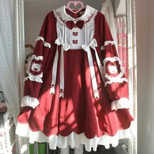 【全款現貨】新年小熊秋冬lolita紅色刺繡洛麗塔燈籠袖長袖連衣裙