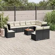11 Piece Garden Sofa Set with Cushions Black Poly Rattan, UV-Resistant Patio Furniture Outdoor Chairs Table, Porch Balcony Wicker Set for Sale, Comfortable Seating