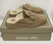 DOLCE VITA Mules Womens Size 9 Astor Plush Flats Clogs Beige Suede Metal Ring