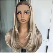 22 inch Synthetic Lace Front Wig for Women Straight Pre Plucked Lace Wig(Highlight Brown)