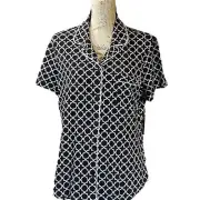 Nautica Womens Size XL Sleepwear White Geometric On Black Button Front Top