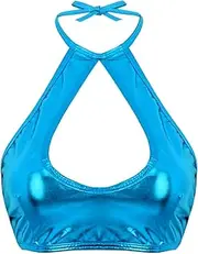 [Choomomo] Women's Bikini Top Shiny Metallic Halter Bra Backless Wire-Free Cutout Self-tie Crop Tops Lingerie