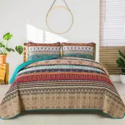 WONGS BEDDING Boho Quilt Set California King, Green and Brown Bohemian Stripe...