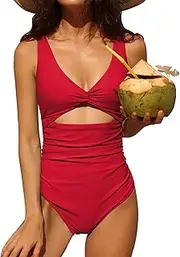 [Charmo] Womens One Piece Swimsuit Ruched Tummy Control High Cut Backless V Neck Bathing Suits Swimwear