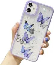 Shinymore Compatible with iPhone 12 Mini Butterfly Case, Cute Pretty Butterfly Glitter Shockproof Soft Silicone Clear Girls Women Cover Case Compatible with iPhone 12 Mini 5.4 inch -Purple