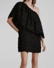$691 Zac Posen Women's Black Draped Fringe One-Shoulder Mini Dress Size 4
