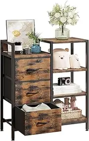 Isyunen Drawer Dresser with Side Shelf,Storage Shelves with 3 Fabric Drawers,Side Table,Organizer Unit for Room,Living Room,Hallway,Closets,Sturdy Steel Frame,Easy Pull Fabric Drawers s & Wooden Top