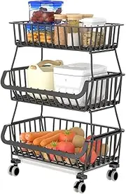SHENMAIDAY 3 Tier Metal Wheeled Rolling Cart, Pantry Snack Organizer Cart, Fruit Vegetable Storage Basket, Stackable Wire Kitchen Storage Rack for Kitchen Bathroom Closet