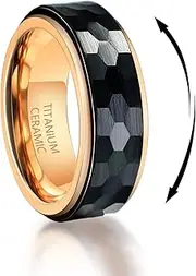 [TGNEL] 8mm Titanium Fidget Wedding Rings Hammered/Faceted Black Ceramic Half Sizes Spinner Rings for Men, Nickel Free Anxiety Relieving Rings Promise Engagement Finger Band Comfort fit Size 7-16