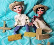 2 Vintage Mexican Folk Art Marionette Puppets Set Clean Father & Son