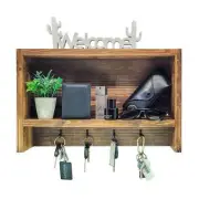 Rustic Farmhouse Handmade Modern Hardwood Wall Mounted Shelf Organizer W/ Hooks