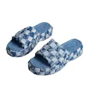 Nevenka Check Denim Slide Sandals Vintage Thread Edge Platform Slippers-Blue