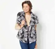 Susan Graver Printed Sherpa Asymmetrical Snap Front Vest Camo Gray Sz XL NEW