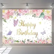 Tecreo Happy Birthday Backdrop Banner Party Decoration for Girl Birthday Party Fabric Sign Poster, Floral and Butterfly Background, 150x90cm, Vinyl, Multicolored