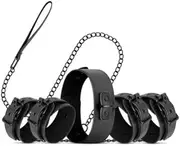 Bondage Restraint Set with Collar, Handcuffs and Ankle Cuffs, Adjustable Black Synthetic Leather Erotic Apparel Bondage Gear & Accessories Handcuff Sex Toys For Women Mens Sex Toy Bondage Kit Hogtie
