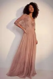 Boohoo Occasion Bridesmaid Hand Embellished Taupe Maxi Dress Size US 6