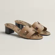 hermes oasis sandals Paris Exclusive tan Etoupe Animal Print 40 Block Heel Oran