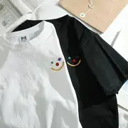 Short-Sleeve Smiley Face Embroidered T-Shirt Black - XL