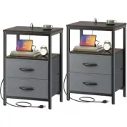 Nightstands Set of End Tables with Charging Station, Side 2 Drawer 2 Walnut