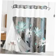 No Hook Rustic Farmhouse Shower Curtain with Snap-in PEVA Liner Set Teal Daisy