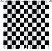 Black White Plaid Curtains Geometric Checkered Flag Racing Race Car Line Patt...