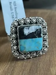 Southwestern White Buffalo & Turquoise Split Stone Sterling Silver Ring Size 9