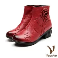 在飛比找森森購物網優惠-【VECCHIO】短靴 粗跟短靴/真皮手工立體花朵純色復古粗