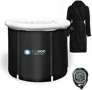 IceDoc Portable Recovery Pod XL, Cold Plunge Ice Bath Tub for Athletes and Adults, Inflatable Cold Therapy Ice Barrel with Protective Lid Cover, Hooded Bathrobe, Stopwatch, Anti-Slip Mat