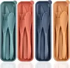 Reusable Utensils Set with Case, 4 Sets Wheat Straw Travel Cutlery Set, Portable