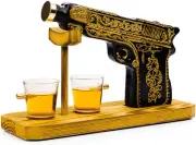 Glass Hand Painted Pistol Whiskey Gun Decanter & Pistol Shot Glasses Set, With 2