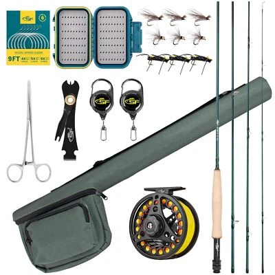 Fly Fishing Rod Combo Starter Kit 4 Piece 5WT 9FT Emerald Green 24T Carbon