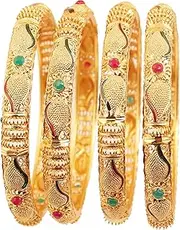 [Touchstone] Golden Bangle Collection Indian Bollywood Desire Beautifully Carved Conch Shell Inspired Faux Ruby Emerald Thick Designer Jewelry Bangle Bracelets. Set of 4. in Gold Tone for Women