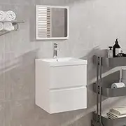 Stylish High Gloss White Bathroom Cabinet with Mirror & Ample Storage, Wall-Mounted Floating Vanity, Engineered Wood, Dimensions 41x38.5x45 cm, Mirror 40x1.5x37 cm, Modern Sink Console for Accessories