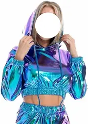 [SNOMYRS] Rave Outfit Plus Size Metallic Tops Long Sleeved Hooded Sports Wear Reflective Holographic Music Festival Outfits