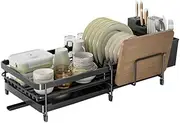 Dish Rack, Expandable Dish Drying Rack for Kitchen Counter, with 360°Rotating Drainer Board, Cup Holder, Utensil Holder and Knife Slots, for Kitchen Storage & Organisation (Black)