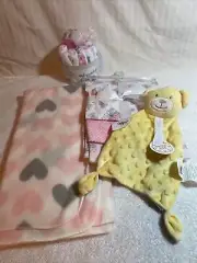 Baby Girl Gift Bundle PACIFIER LOOP W/RATTLE 1 Blanket 3 Receiving Blankets 20WC