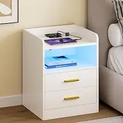 Advwin Bedside Table 2 Drawers, LED Nightstand with Human Induction, Wireless Charging Station and USB & Type-C Port, Chest of Drawers with Storage Shelf (1, White)