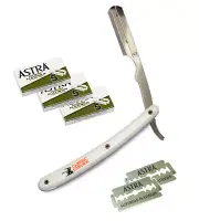 Stainless Steel Straight Edge Barber Razor with 15 Astra Double Blades (White)