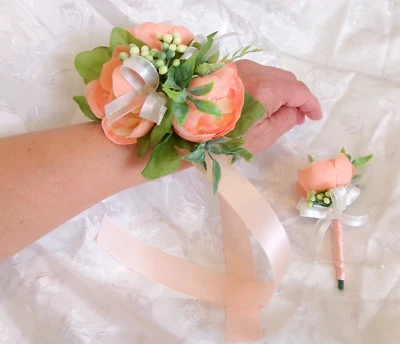 Wrist Corsage Men's Corsage Peach Ranunculus Silk Flowers White Set (2 PC) USA
