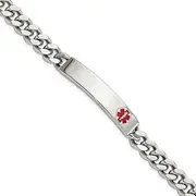 [JewelryWeb] Stainless Steel Polished With Red Enamel Medical ID Curb Chain Bracelet 22 Centimeters Identification-Bracelet for Women and Men
