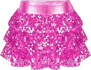 [iiniim] Kids Girls Sparkly Metallic Pleated Dance Skirt Hip Hop Latin Jazz Belly Dance Costume Stretchy Flared Skater Skirt