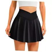 Womens Tennis Skirt with Pockets Shorts Crossover High Waisted Medium Black